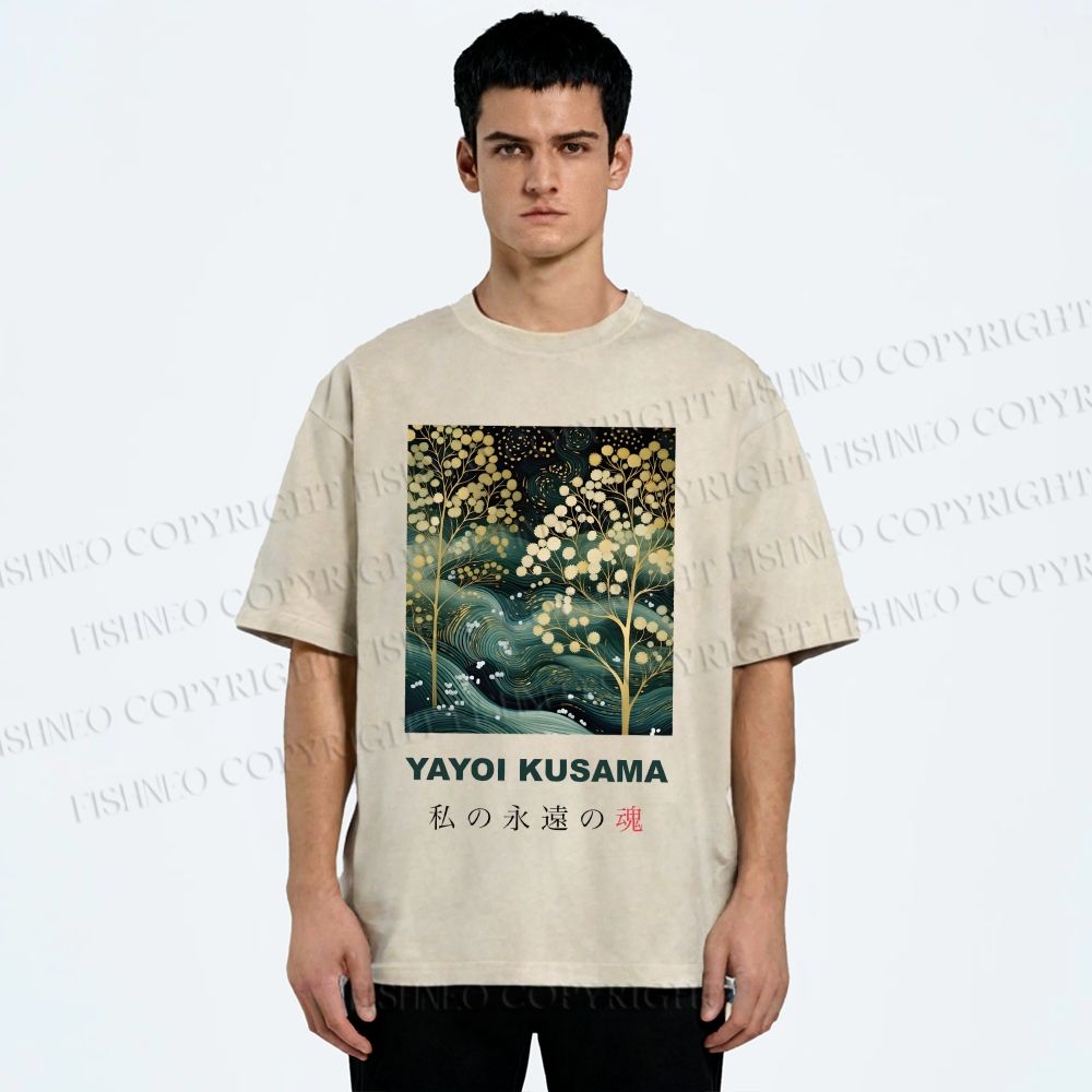 Unisex Yayoi Kusama Artistic Wave Tree Printed Washed Tee