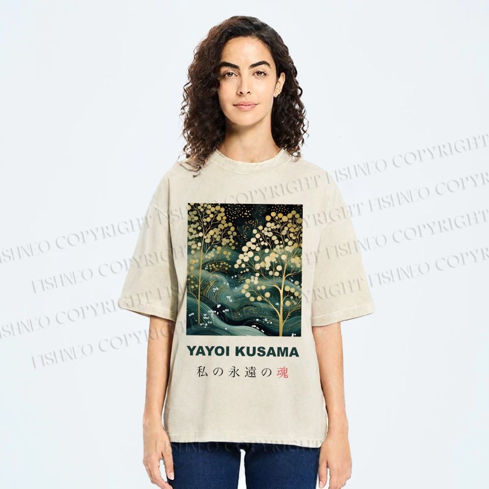 Unisex Yayoi Kusama Artistic Wave Tree Printed Washed Tee