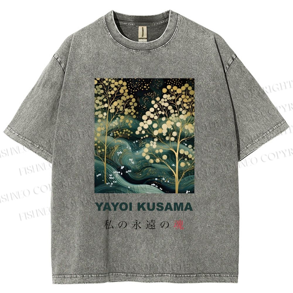Unisex Yayoi Kusama Artistic Wave Tree Printed Washed Tee