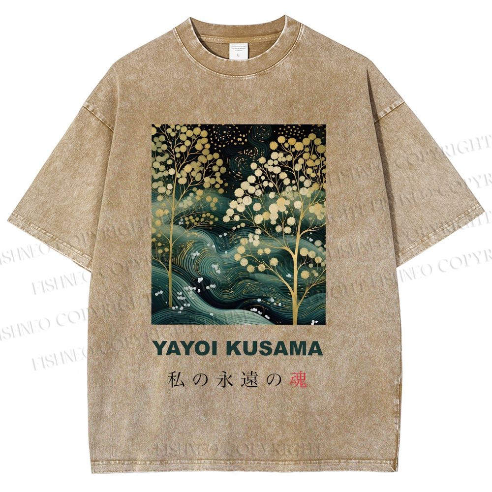 Unisex Yayoi Kusama Artistic Wave Tree Printed Washed Tee