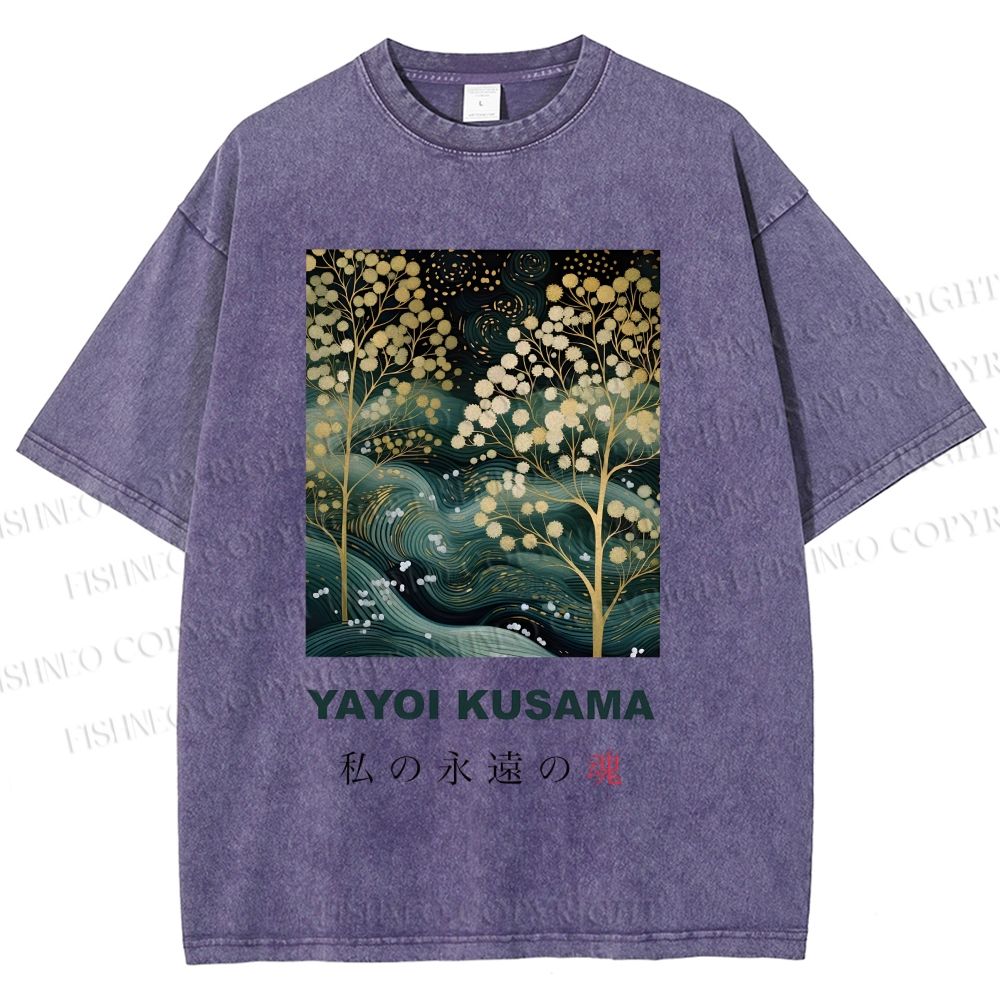 Unisex Yayoi Kusama Artistic Wave Tree Printed Washed Tee