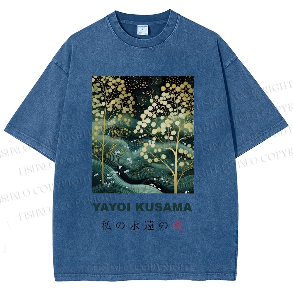 Unisex Yayoi Kusama Artistic Wave Tree Printed Washed Tee