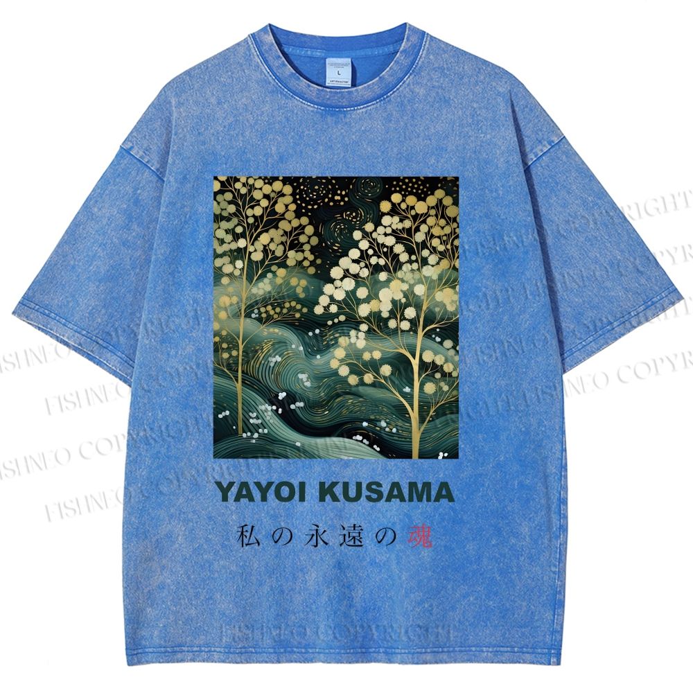 Unisex Yayoi Kusama Artistic Wave Tree Printed Washed Tee