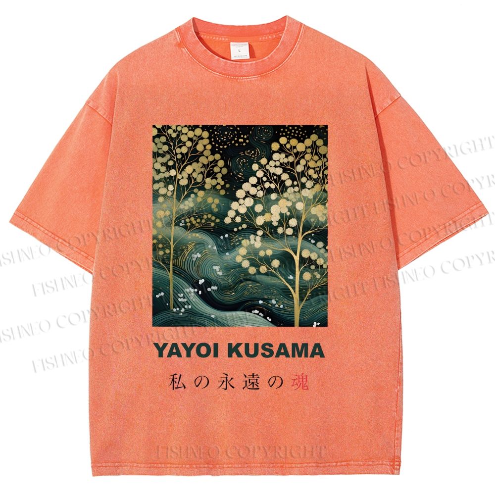 Unisex Yayoi Kusama Artistic Wave Tree Printed Washed Tee