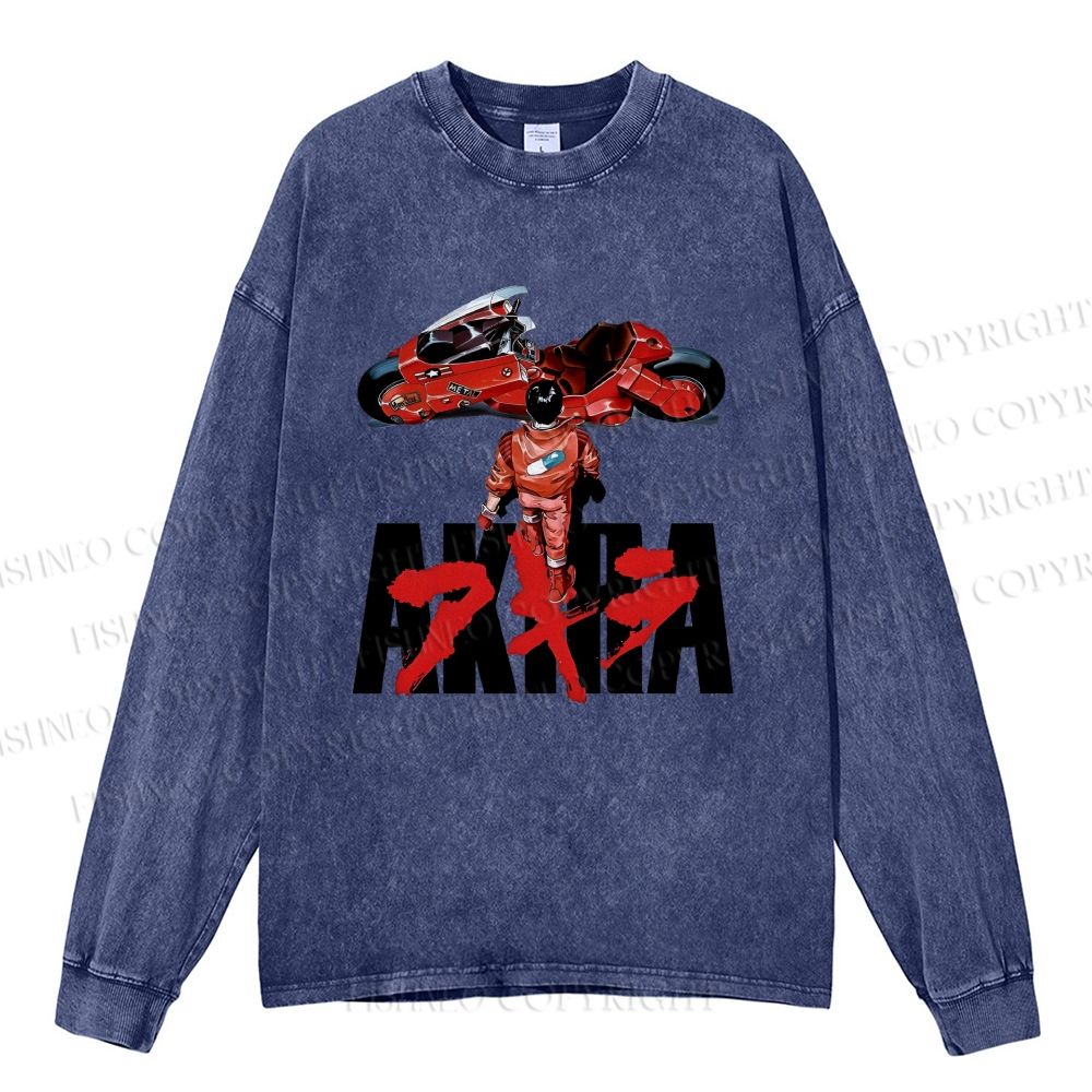 Unisex Casual Washed Akira Printed Long Sleeve T-shirt