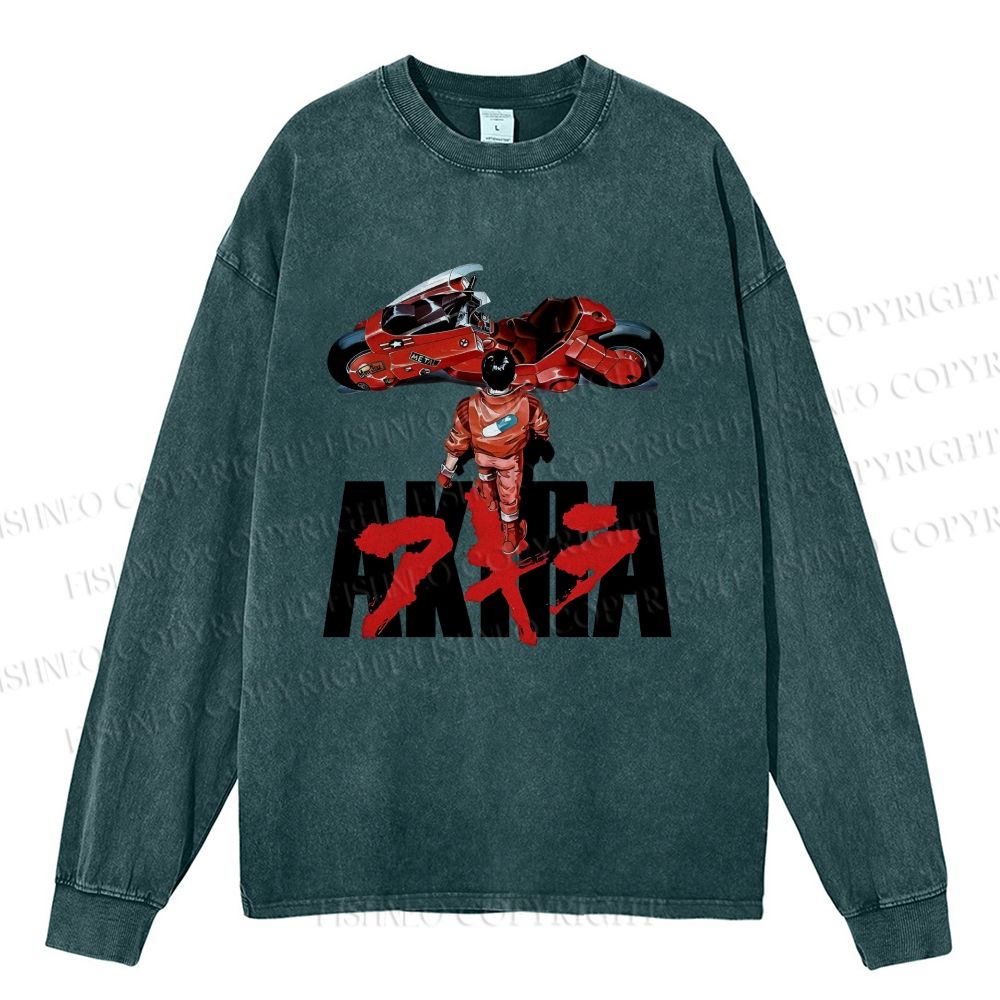 Unisex Casual Washed Akira Printed Long Sleeve T-shirt