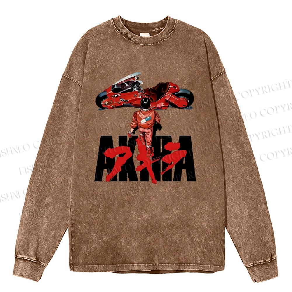 Unisex Casual Washed Akira Printed Long Sleeve T-shirt