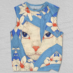 Unisex White Cat Hiding in Blue Flowers Printed Tank Top