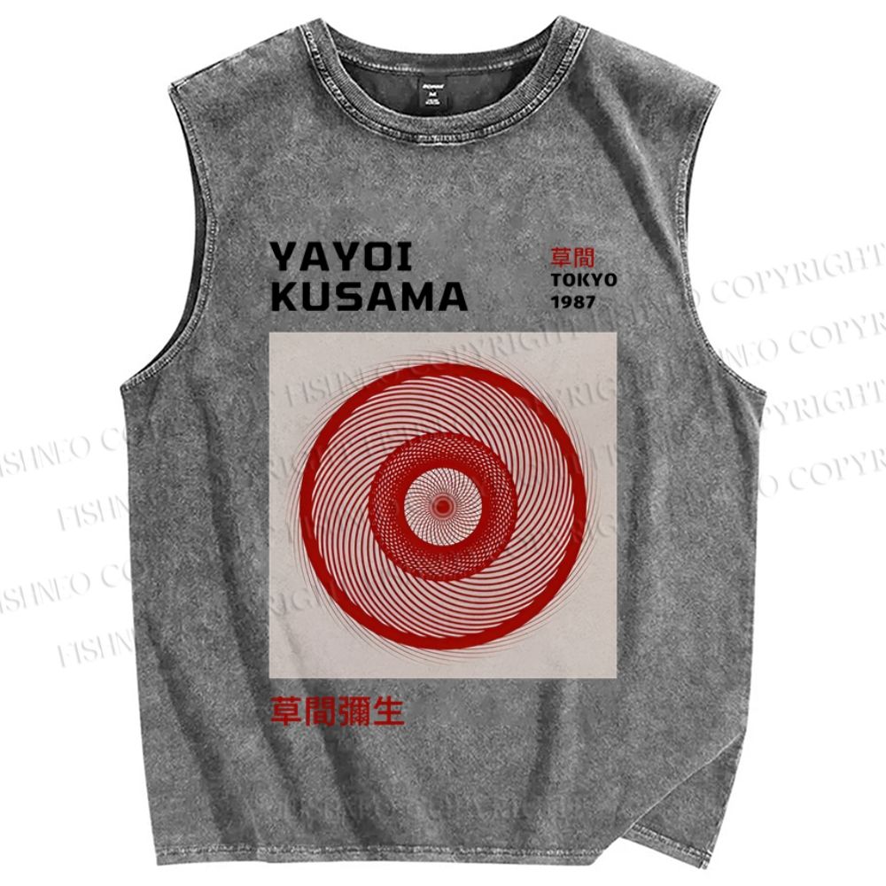 Unisex Yayoi Kusama Red Spiral Printed Washed Tank Top