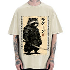 Unisex Raccoon Japanese Samurai Printed Washed Tee