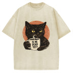 Unisex Is He Dead Yet Black Cat Printed Washed Tee