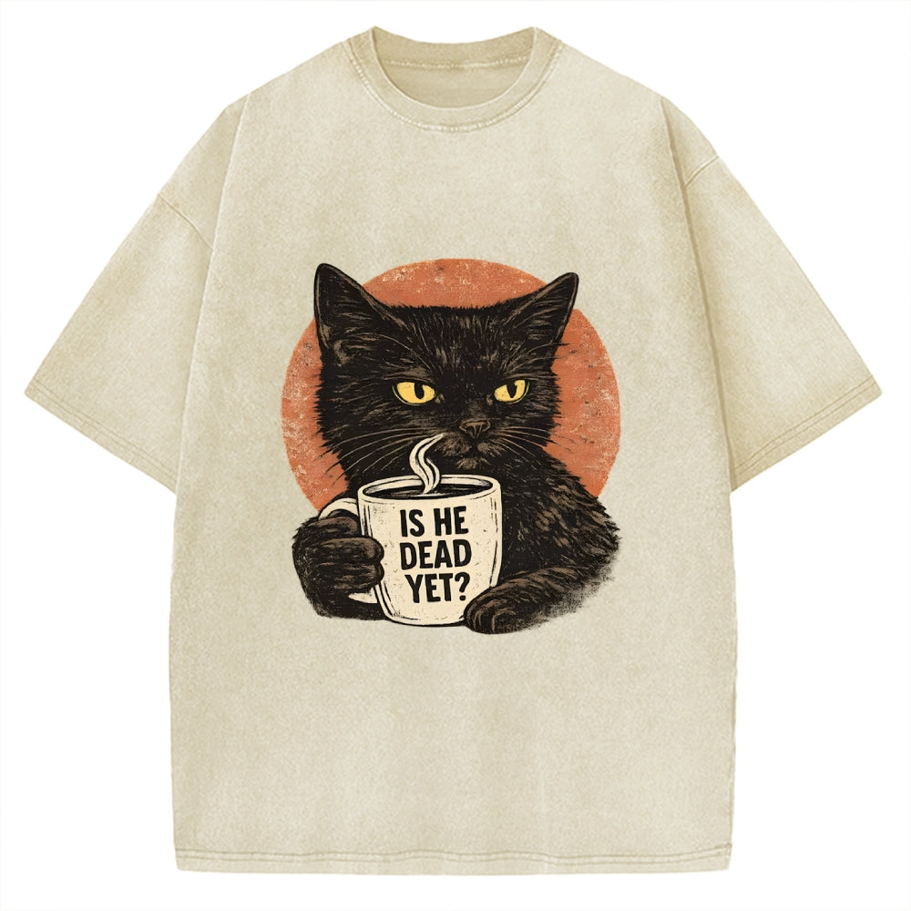 Unisex Is He Dead Yet Black Cat Printed Washed Tee