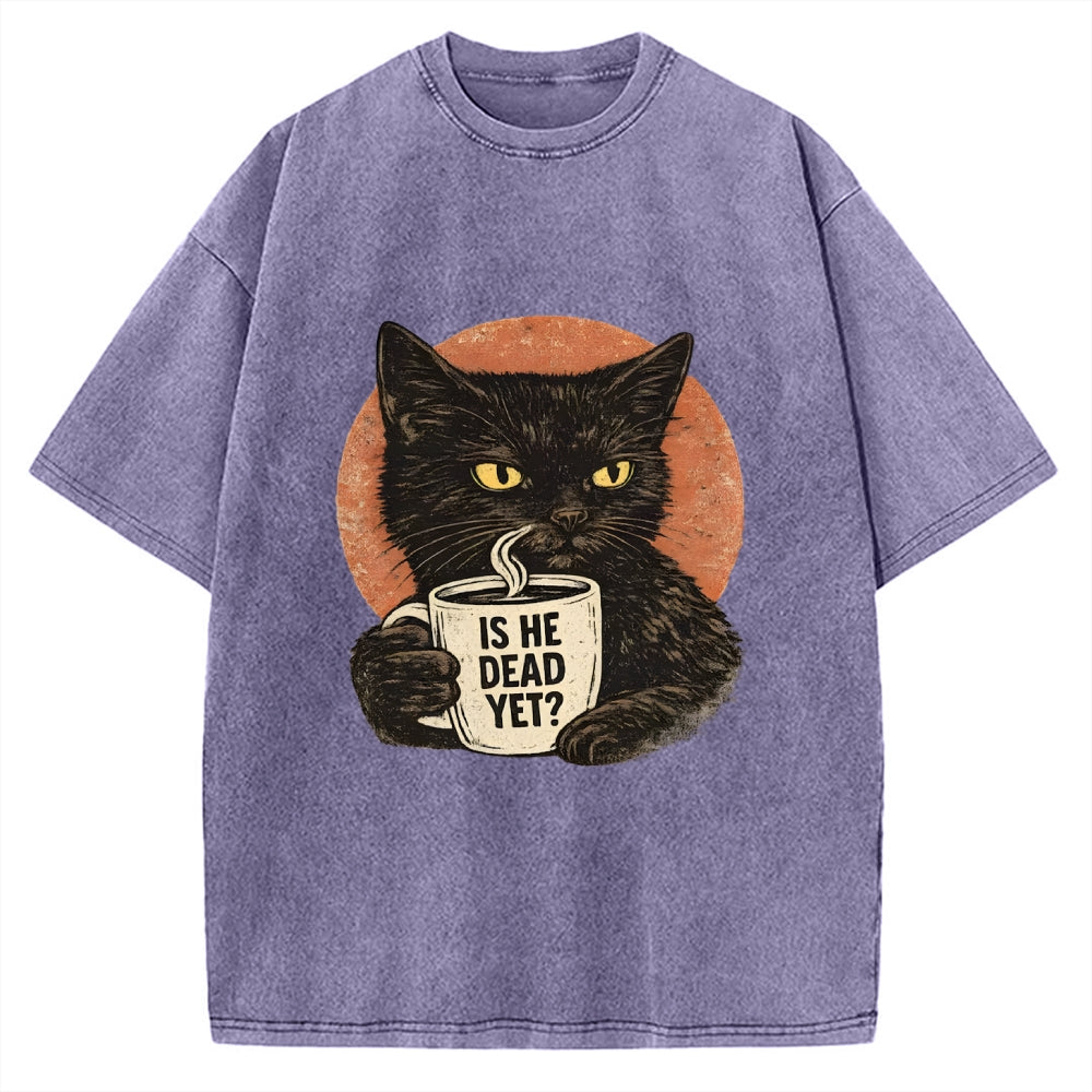 Unisex Is He Dead Yet Black Cat Printed Washed Tee