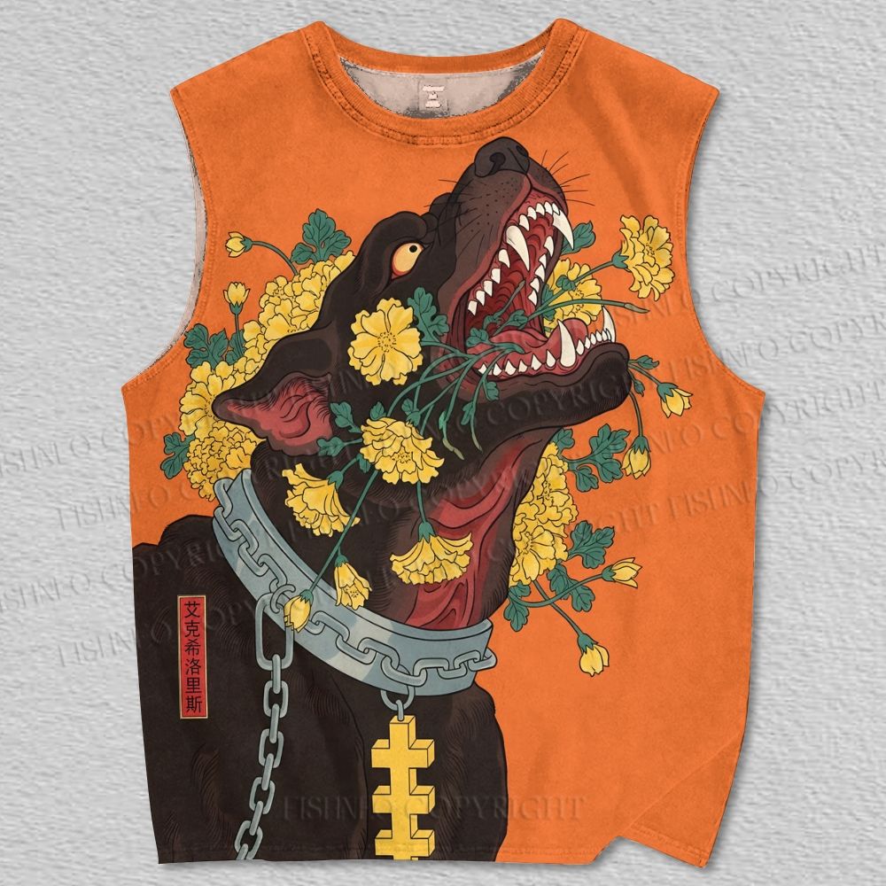 Unisex Flowers Black Dog Printed Tank Top