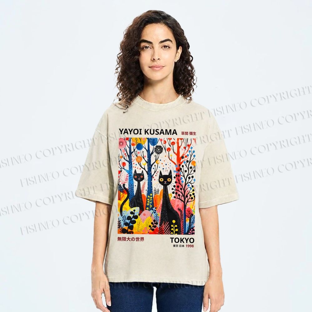 Unisex Yayoi Kusama Flower Cat Printed Washed Tee