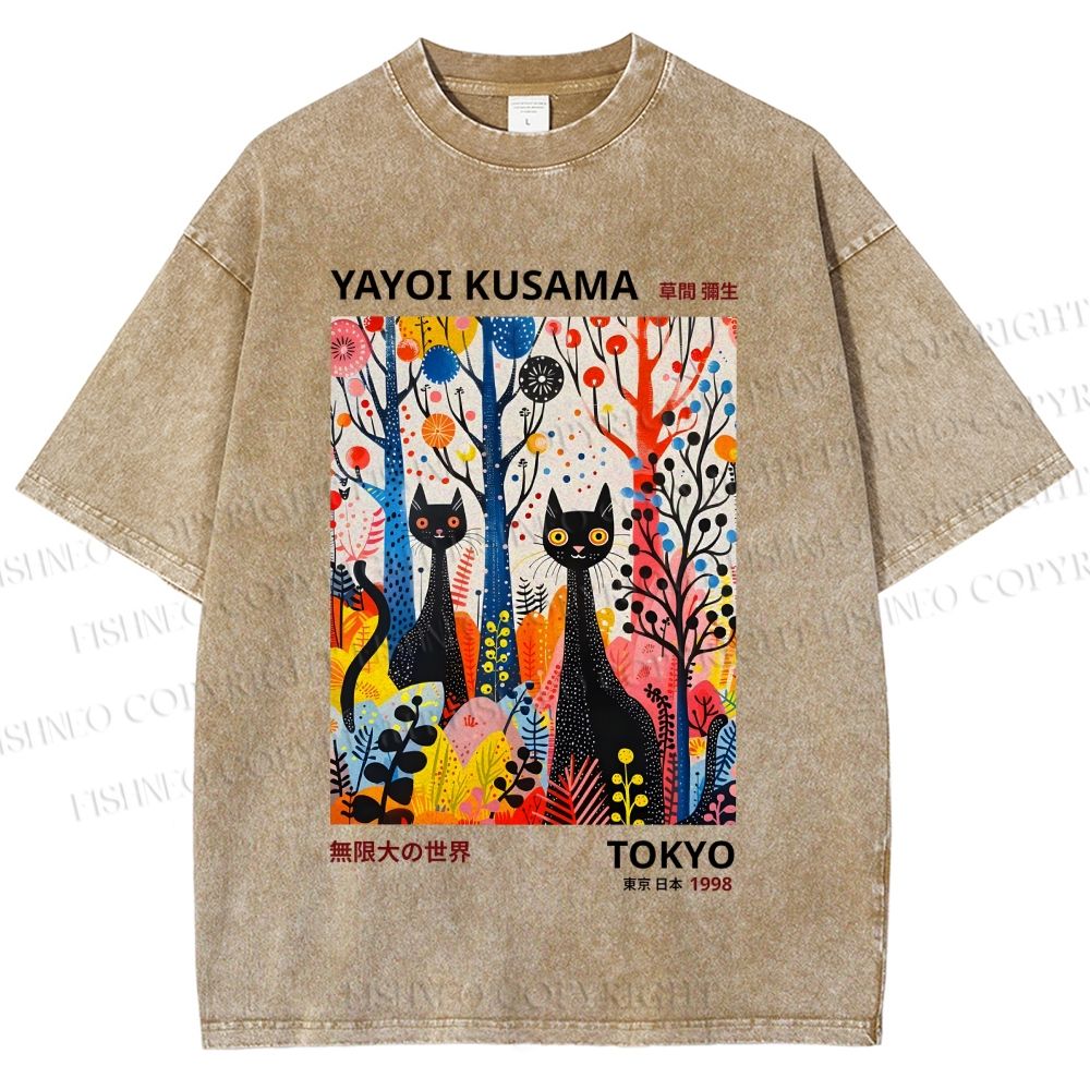 Unisex Yayoi Kusama Flower Cat Printed Washed Tee