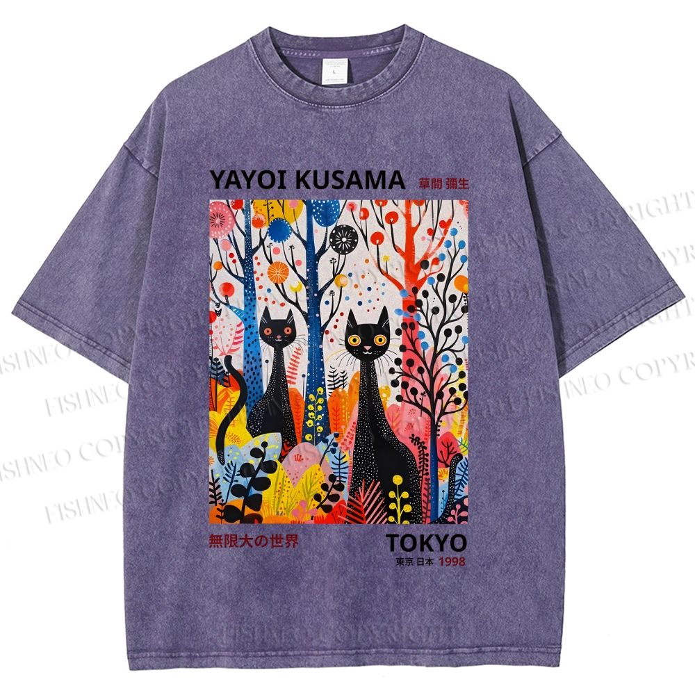 Unisex Yayoi Kusama Flower Cat Printed Washed Tee