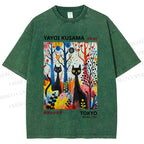 Unisex Yayoi Kusama Flower Cat Printed Washed Tee