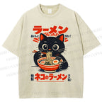 Unisex Ramen Black Cat Printed Washed Tee