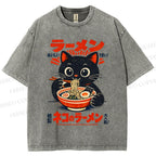 Unisex Ramen Black Cat Printed Washed Tee