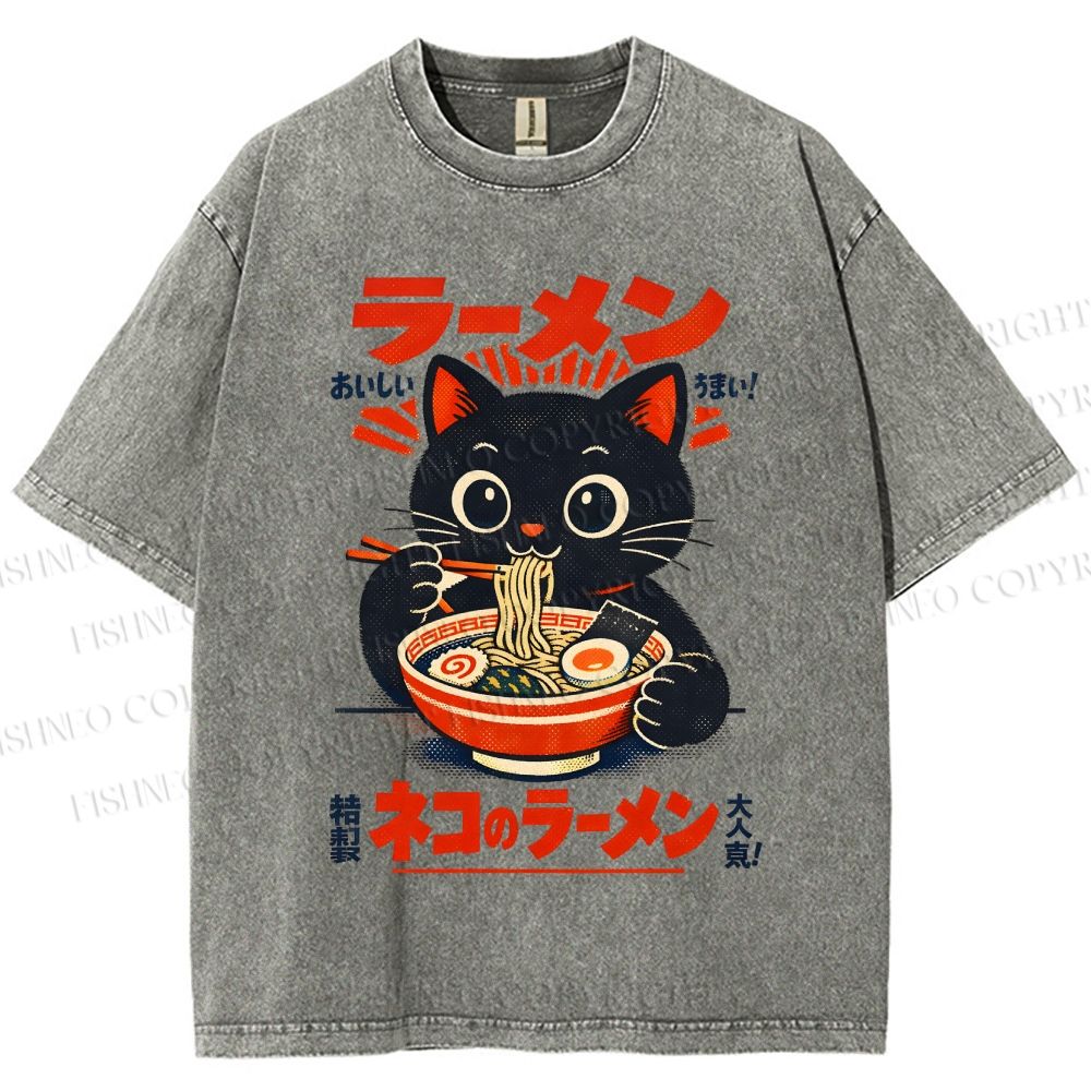 Unisex Ramen Black Cat Printed Washed Tee