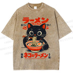 Unisex Ramen Black Cat Printed Washed Tee