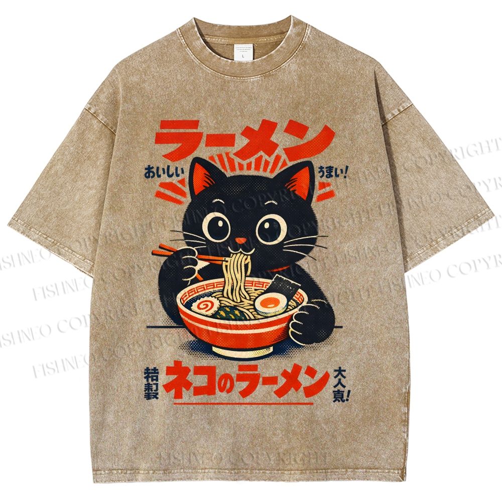Unisex Ramen Black Cat Printed Washed Tee