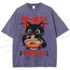 Unisex Ramen Black Cat Printed Washed Tee