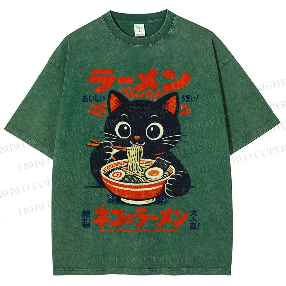 Unisex Ramen Black Cat Printed Washed Tee