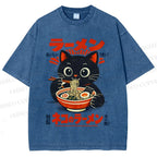Unisex Ramen Black Cat Printed Washed Tee