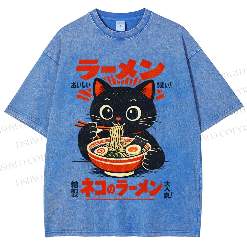 Unisex Ramen Black Cat Printed Washed Tee