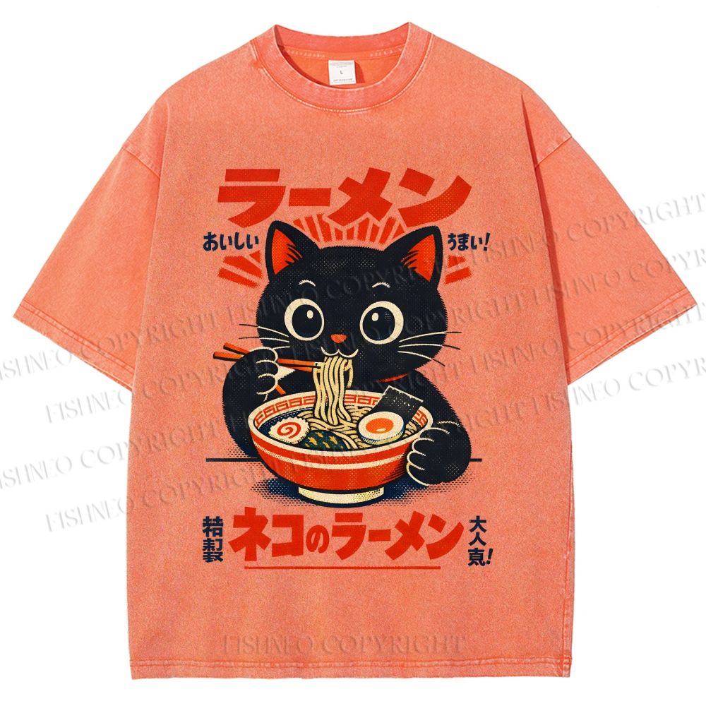 Unisex Ramen Black Cat Printed Washed Tee