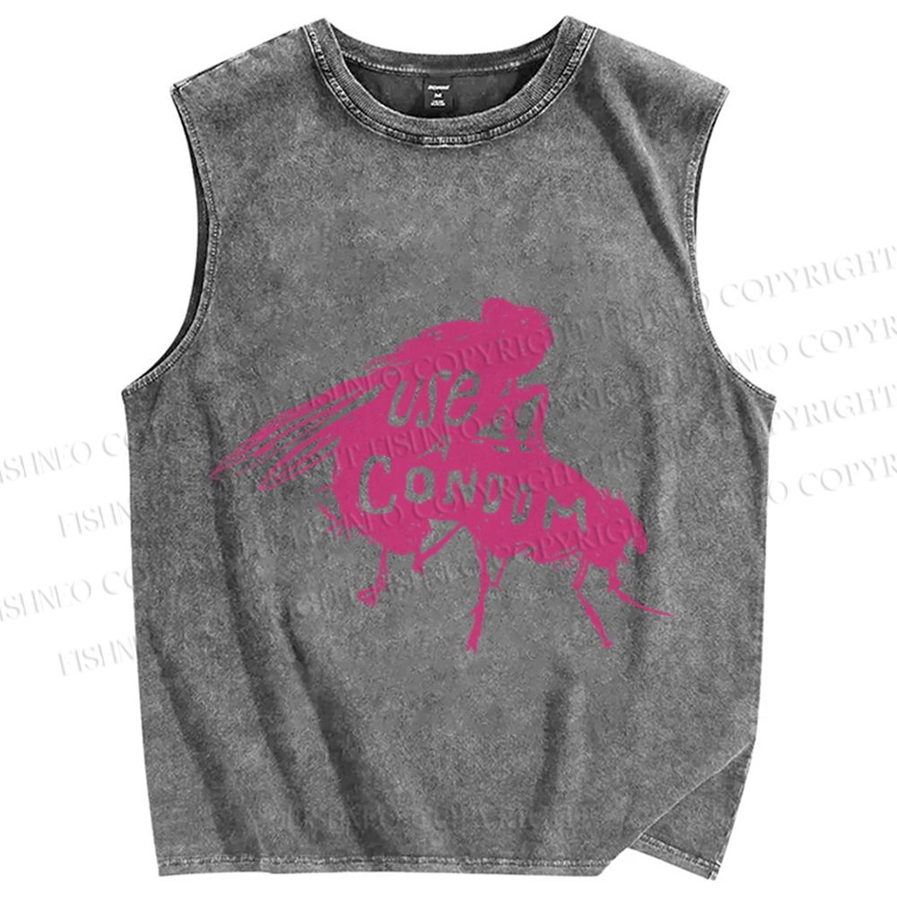 Unisex Use Condom Fly Printed Washed Tank Top