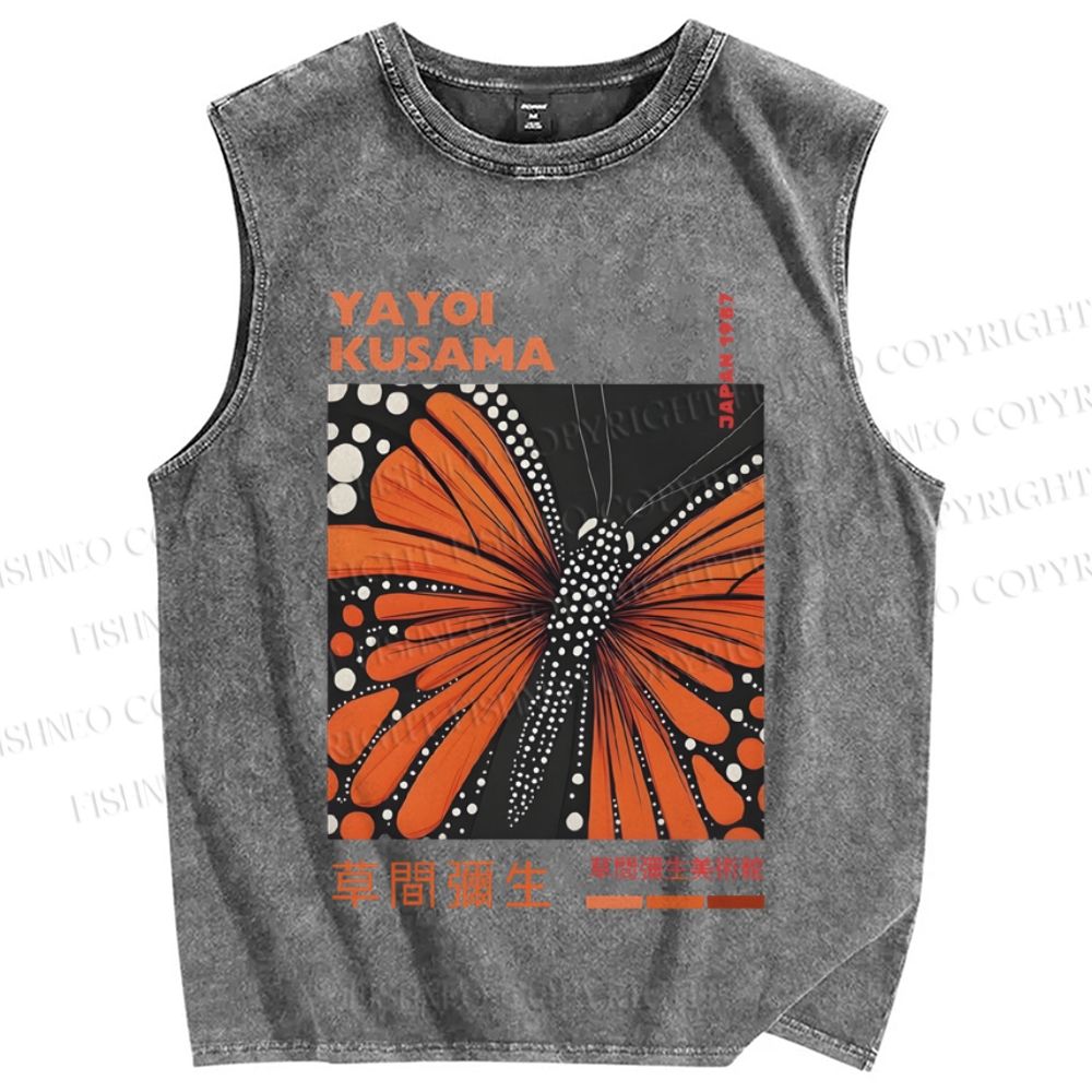 Unisex Yayoi Kusama Butterfly Printed Washed Tank Top