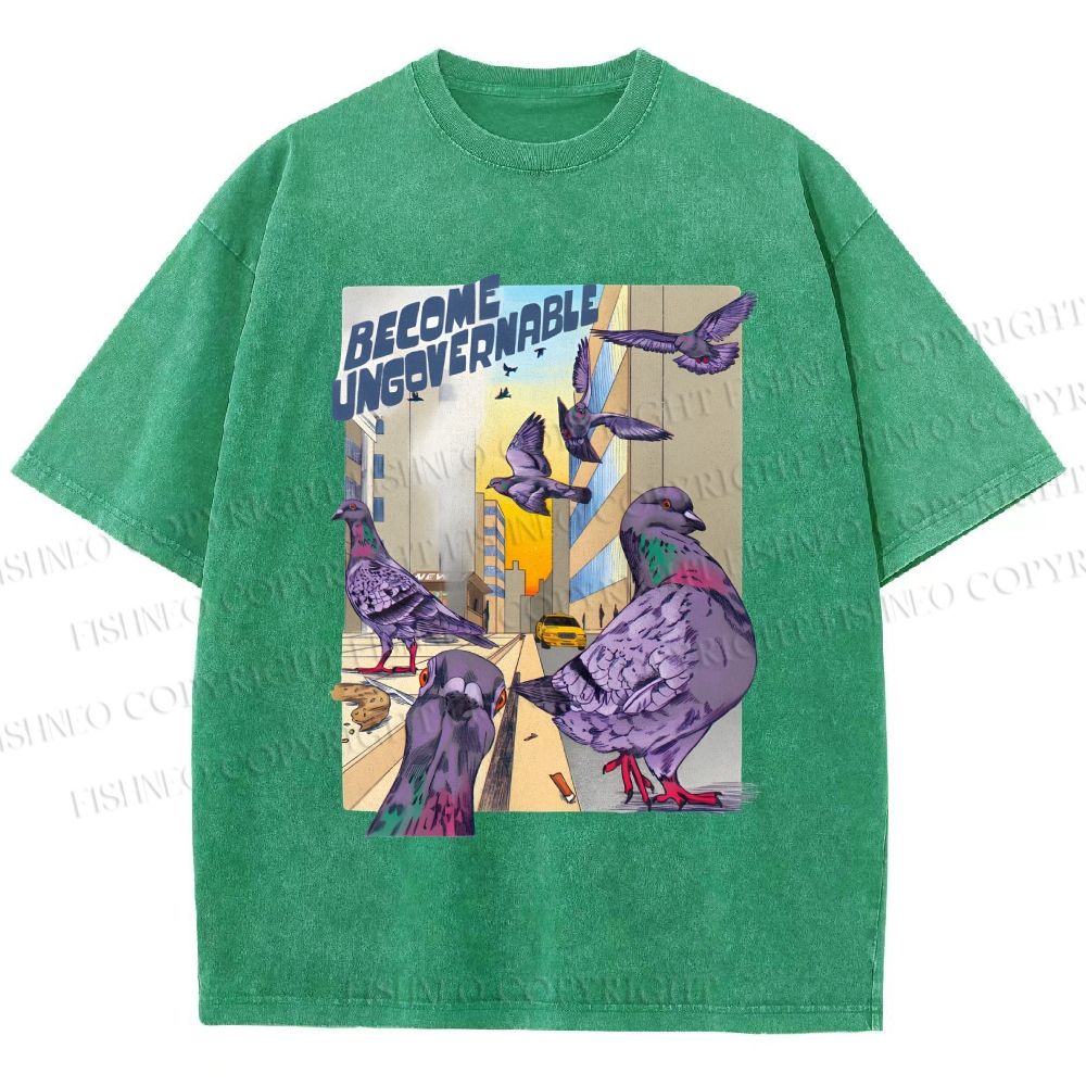 Unisex Pigeons Become Ungovernable Printed Washed Tee