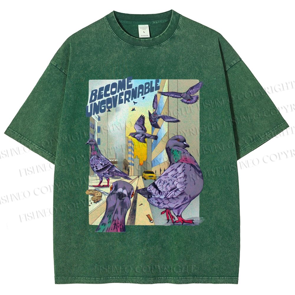 Unisex Pigeons Become Ungovernable Printed Washed Tee