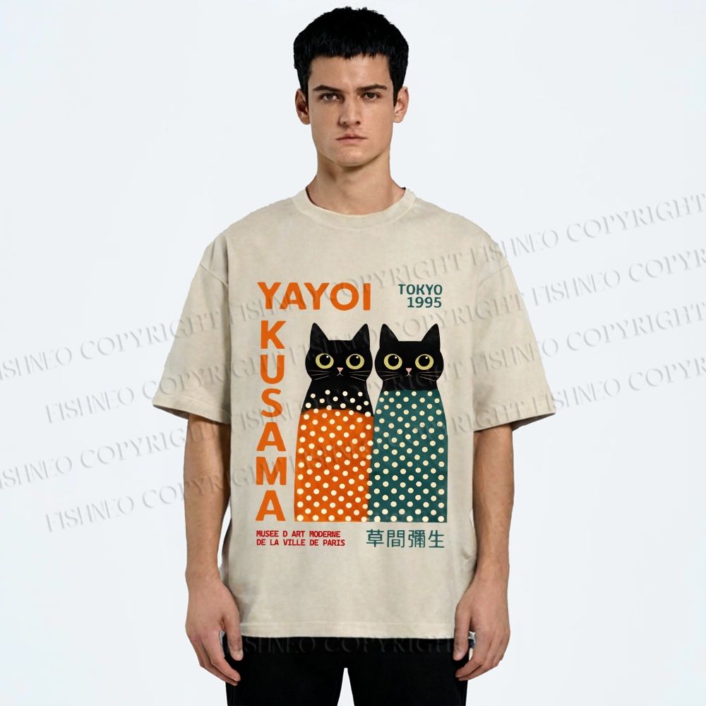 Unisex Yayoi Kusama Cats Printed Washed Tee