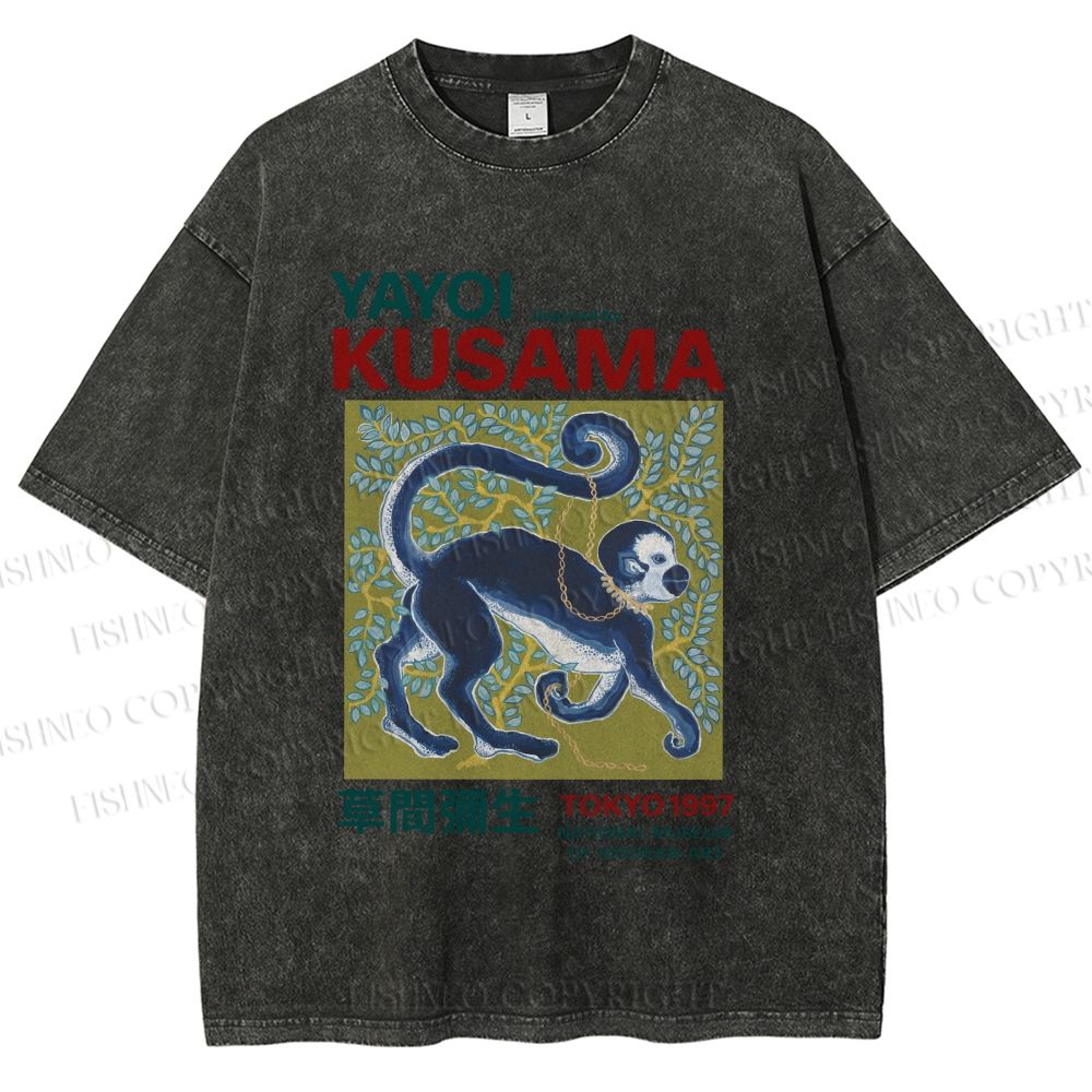 Unisex Yayoi Kusama Tokyo Modern Art Monkey Printed Washed Tee