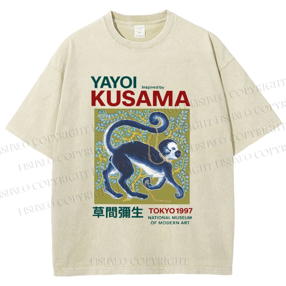 Unisex Yayoi Kusama Tokyo Modern Art Monkey Printed Washed Tee