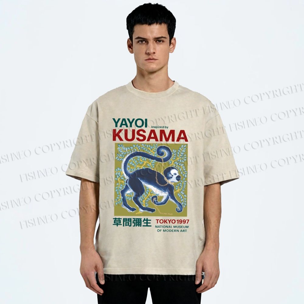 Unisex Yayoi Kusama Tokyo Modern Art Monkey Printed Washed Tee