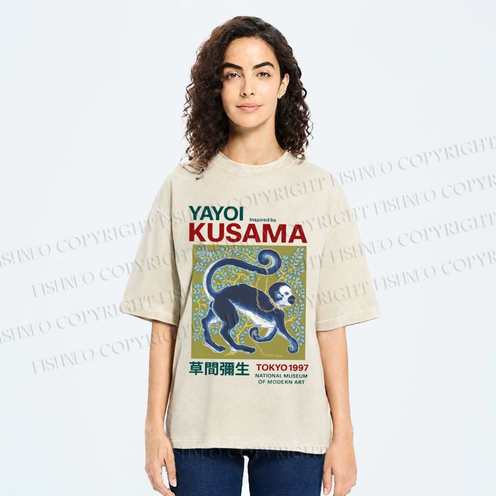 Unisex Yayoi Kusama Tokyo Modern Art Monkey Printed Washed Tee