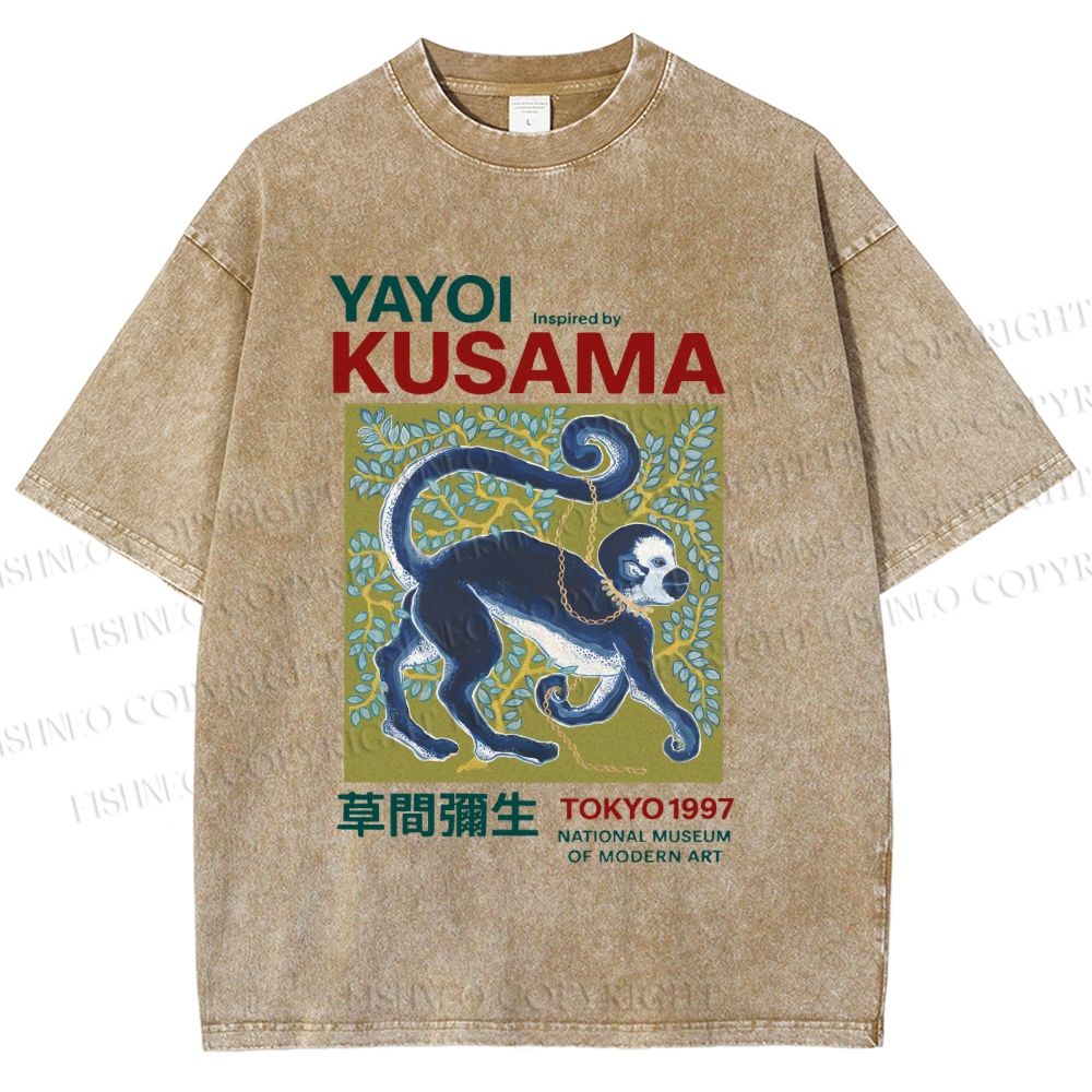 Unisex Yayoi Kusama Tokyo Modern Art Monkey Printed Washed Tee
