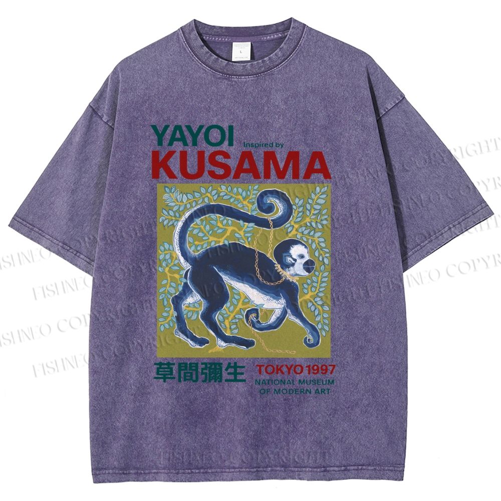 Unisex Yayoi Kusama Tokyo Modern Art Monkey Printed Washed Tee