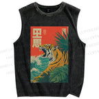 Unisex Retro Roaring Tiger Printed Washed Tank Top