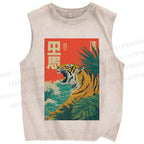 Unisex Retro Roaring Tiger Printed Washed Tank Top
