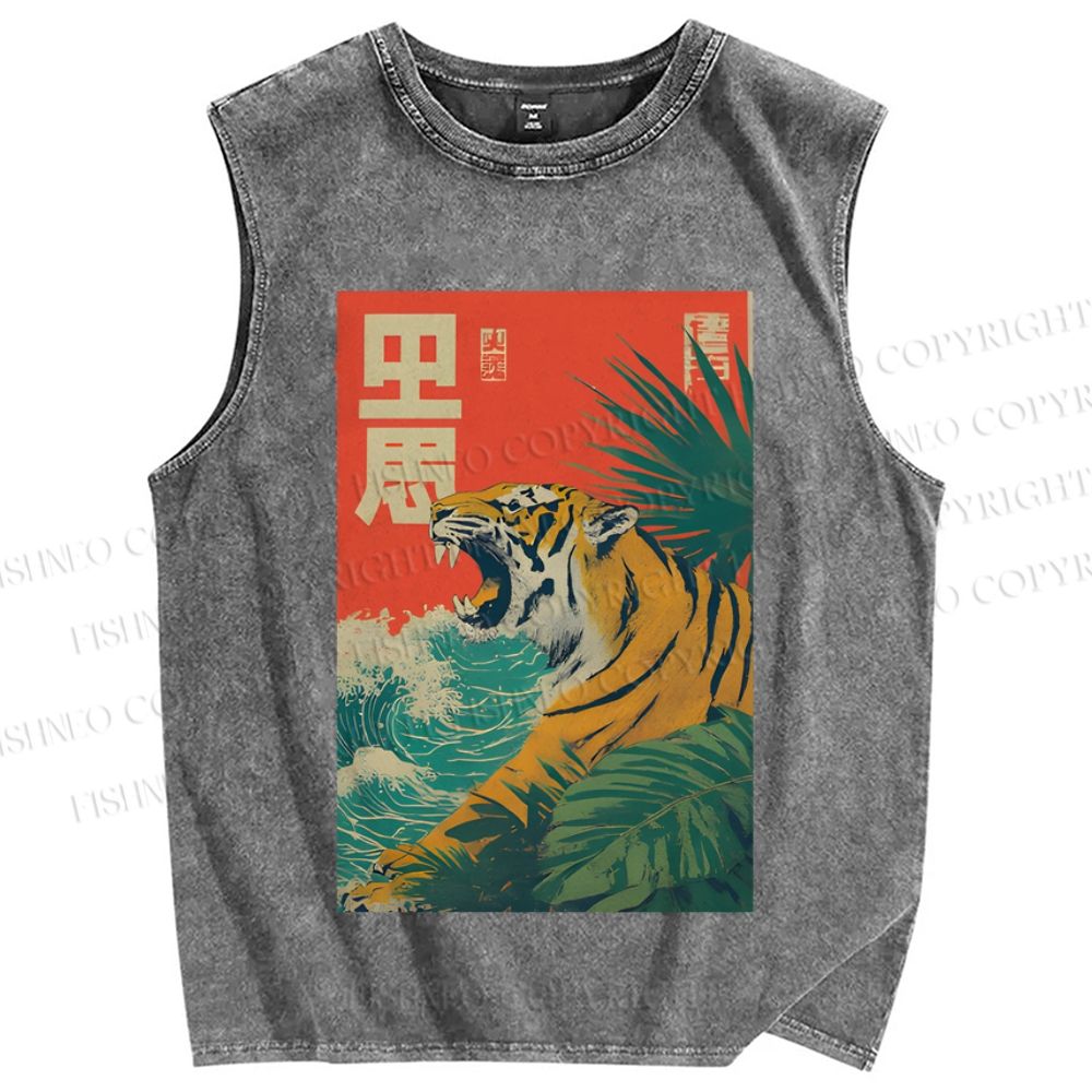 Unisex Retro Roaring Tiger Printed Washed Tank Top