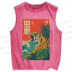Unisex Retro Roaring Tiger Printed Washed Tank Top