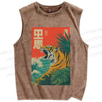 Unisex Retro Roaring Tiger Printed Washed Tank Top