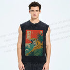 Unisex Retro Roaring Tiger Printed Washed Tank Top