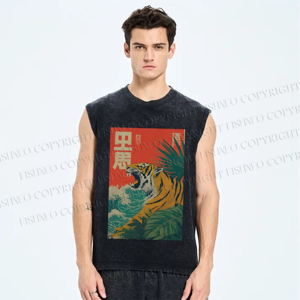 Unisex Retro Roaring Tiger Printed Washed Tank Top